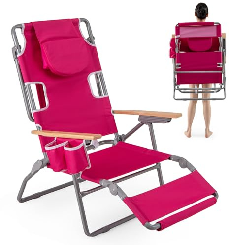 GIANTEX Klappbare Sonnenliege, Liegestuhl mit Gesichtsausschnitt, verstellbare Fußstütze & Rückenlehne & Tragetasche, Strandstuhl für Camping, Picknick & Pool, Belastbarkeit 150 kg (Rosa)
