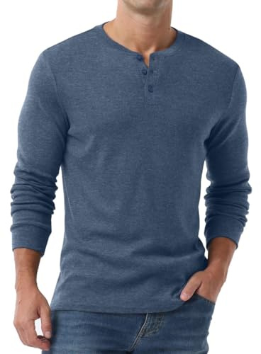 PrinStory Henley t-shirt för män långärmade toppar casual tröja t-shirt för män, Marinblå, S