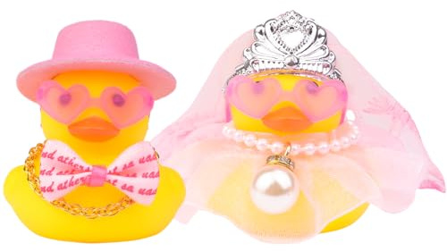 Mwmoeen 2 Stück Braut und Bräutigam Gummi Enten für Hochzeitsgünsten, Party-Gunsten, Hochzeitsdekoration, Hochzeit Segen Kuchen Jubiläumsgeschenk mit weißem Schleier