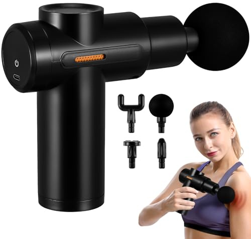 ibasenice USB und 4 Massageköpfen Muskelmassagegerät mit Perkussionsfunktion Abs Handmassagegerät Leise Schwarz 1800mah Akku für Muskelentspannung und Fitness