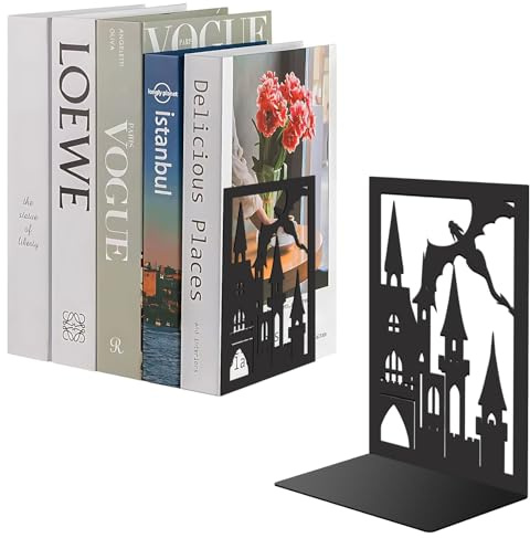 PRESSINART 1 Paar Burg Buchstützen Metall Buch Stopper Schwarz Drachen Burg Muster 4,7 x 7,1 x 3,5 Zoll Modern Dekorativ Schwer Last Studie Buch Stützen Display Ständer Für Zuhause Regal Dekoration
