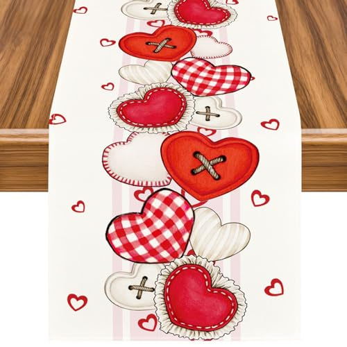 Camino de Mesa para San Valentín, 33 x 183 CM Camino de Mesa Moderno, Mantel Romantico, Mantel Corazones, Decoración de Mesa, para Cumpleaños, Compromisos, Fiestas y Reuniones Navideñas