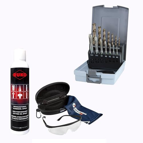 RUKO Maschinengewindebohrer-Set HSS-Co, 14-teilig, M3–M12, DIN 371/376, Profi-Gewindeschneider für Stahl, Edelstahl & NE-Metalle, inkl. Spray & Schutzbrille