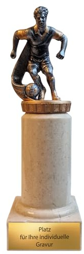 eberin – Resin Fußball Pokal 17 cm hoch, mit Gravurschild, detailreicher Spieler mit Ball, Sockel komplett aus echtem Marmor, ideal für Turniere & Jugendfußball
