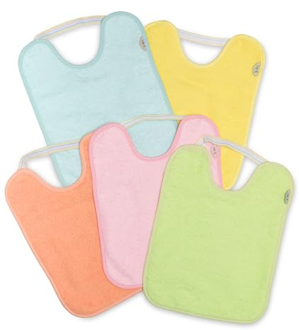 Ti TIN Pack 5 Baberos Bebé Impermeables y Absorbentes - 6 a 12 Meses - Ideal Guardería con Goma Elástica y Rizo de Algodón Extra Suave