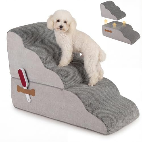 DREAMADE Escalier pour Chiens à 5 Marches, Rampe pour Chiens 56 CM en Mousse avec Housse Lavable, Base Antidérapante, Brosse à Peluches, pour Canapé, Lit, Sofa (5 Marches)