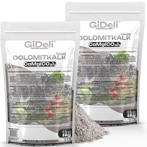 GiDeli Dolomitkalk 2 x 1 kg - gräskalk och trädgårdskalk | Höjning av jordens pH-värde, bättre jordstruktur, mot mossa, rik på kalcium och magnesium, för gräsmatta och grönsaker