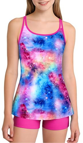 Amissz 2 Piece Girls Swimming Costume Padded Bras 7-16 Years, Girls Swimsuit Bathing Suit Quick Dry Tankini Set, Tankini Swimsuits Flowy Tank Tops with Shorts Bathing Suits for Teens