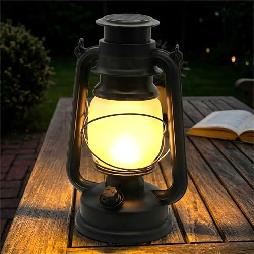 Vintage Solar Sturmlaterne schwarz zum Hängen und Stellen - 24 x 15 cm - Retro LED Laterne Petroleumlampe Design für Außen - Solarlampe Sturmleuchte Gartenlampe Garten Hänge Deko Tisch Lampe