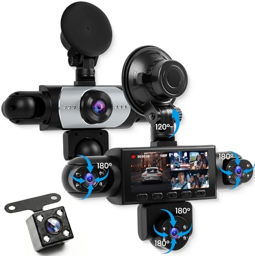 Rimoody 360° 5 Canales Dashcam para Coche, 5 1080P Delantera y Trasera Izquierda Derecha, 3.16 Pulgadas Dash CAM 1080P con Visión Nocturna IR/Vídeo en Bucle/24H Monitor/Asistencia de Estacionamiento
