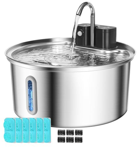 Wireless Cat Water Fountain for Drinking, VinDox 108oz/3.2L Stainless Steel Pet Water Fountain 20dB Ultra-Quiet 4200mAh Battery Operated with Motion Sensor for Cats & Dogs(6Filters + 6Sponges)