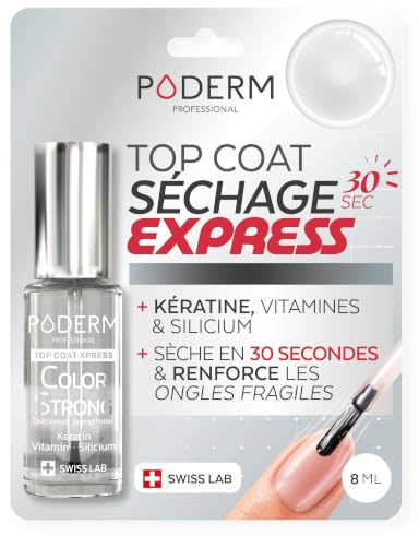 PODERM Top Coat Vernis Durcisseur Ongles - Séchage Express 30 Sec | Swiss Lab - 8 ML | Renforce & Régénère les Ongles Cassants et Fragiles | Kératine, Biotine & Silicium | Créé par une Podologue