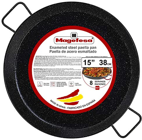 Magefesa 15-inch Enameled Steel Paella Pan, 38cm - 8 Servings, Ideal for Outdoor Cooking and Traditional Valencian Paella, Easy Cleaning, Dishwasher Safe