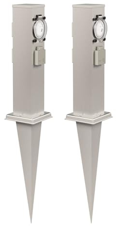 ledscom.de 2X Garten-Steckdosen-Säule Polly mit Erdspieß für außen, IP44, 3-Fach mit Timer/Zeitschaltuhr, Edelstahl, eckig, 38cm