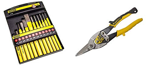 Stanley Meissel-, Körner- und Durchschläger-Set (12-teilig, Chrom-Vanadium Stahl, 1,5/2/3/4/5/6/8/10/12/16 mm) 4-18-299 & Blechschere 2-14-563 gerade – Mit chromveredelten Scherenteilen – 250mm lang