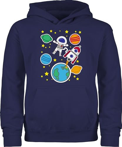 Kinder Hoodie Jungen Mädchen - Bunt gemischt - Weltall mit Astronaut - 104 (3/4 Jahre) - Navy Blau - stern pullover rakete kapuze raketen kinderpullover planets fun-kapuzenpullover planeten pulli