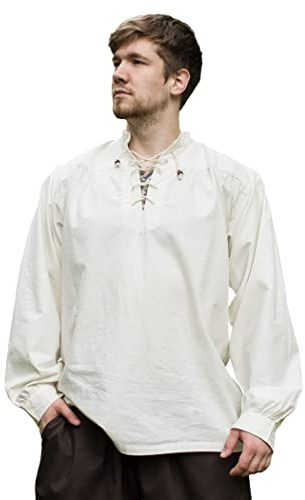Battle-Merchant medeltida skjorta Ludwig bomull | män bred snörning skjorta ståkrage långärmad LARP vikingarkläder kostym | svart/vit/natur/blå S/M/L/XL/XXL/3XL, natur, 3XL