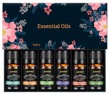 AMMIY Essential Oils Gift Set, 10ml*Top 6 Relaxing Scents, Pure, Natural, Vegan Oils Including Eucalyptus, Lemon, Peppermint, Lavender, Sweet Orange and Tea Tree