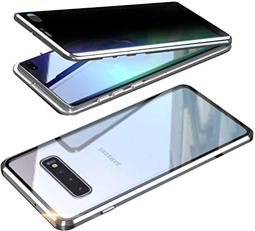 Anti-peep Magnetische Adsorption Hülle für Samsung Galaxy S10 Anti-Spy Handyhülle 360 Grad Metall Case Privat Screen Schutz doppelseitige Gehärtetes Glas Schutzhülle Anti-Spähen Flip Cover,Silber