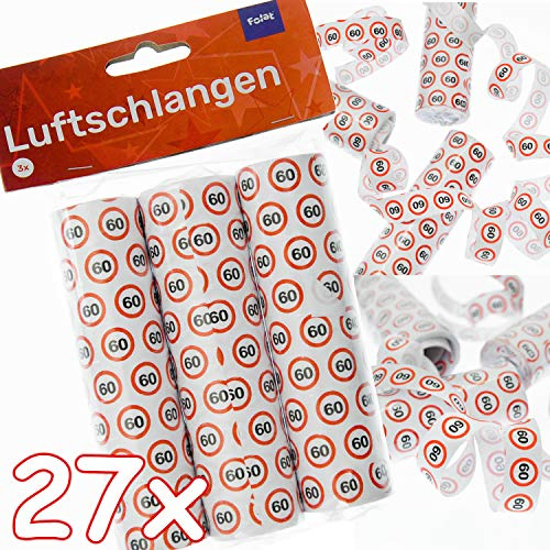 Carpeta 27 Luftschlangen * 60. Geburtstag * als Deko für Party und Birthday | 3 Rollen mit je 9 Schlangen mit Verkehrsschild Zahl 60 | Tischdeko Streamer, Farbe: Zahl 60 Verkehrsschild