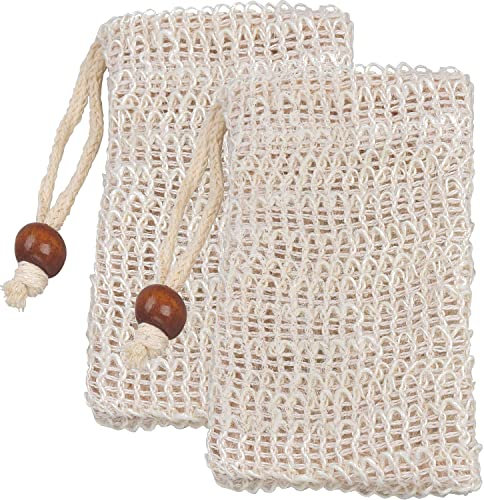 Lot de 2 sacs à savon naturels en sisal pour shampoing solide et restes de savon – Pour avoir plus de mousse & faire sécher le savon - 100 % coton - Sac naturel pour gommage et massage