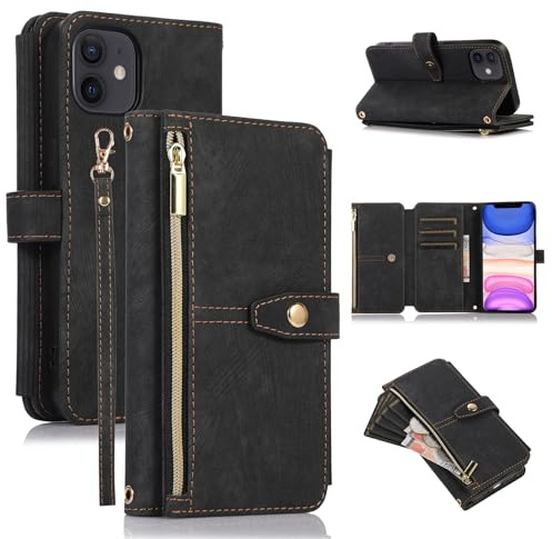 ZCDAYE Wallet Case for iPhone X/iPhone XS, Premium Leather Phone Case Women Ladies Holster with Card Slots Wrist Strap Zipper Flip Phone Cover for iPhone X/iPhone XS, Black