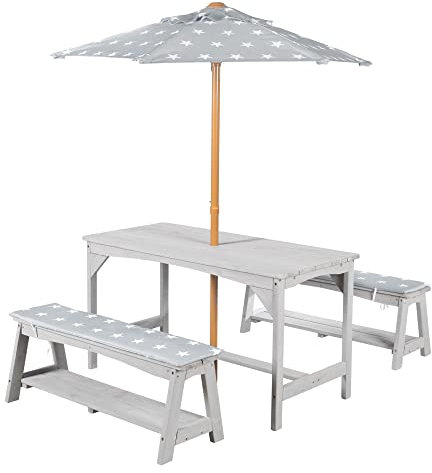 roba Kindersitzgruppe Outdoor+ aus Massivholz - inkl. 1 Tisch, 2 Bänken, Little Stars Sonnenschirm & Sitzauflagen - grau