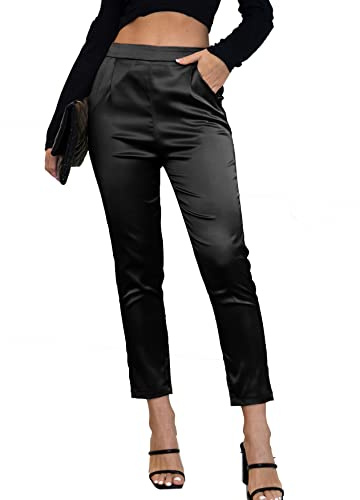 Fakanhui, Pantaloni da donna in raso di seta, pantaloni eleganti da lavoro, casual, con elastico, a vita alta, Nero 01, XL