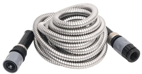 vidaXL Manguera de Jardín, Manguera Flexible con Pulverizador, Tubo de Agua para Riego Limpieza Lavado, Acero Inoxidable Plateado 14 mm 15 m