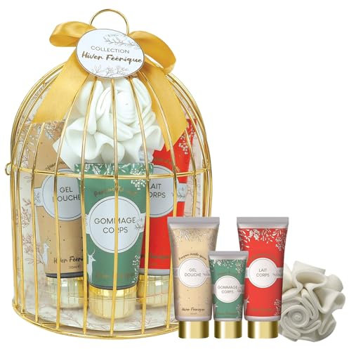 French Tendance - Coffret Soin Corps Hiver Féérique - Kit Cocooning Femme Gommage au Thé Vert, Lait de Corps Pomme d'Amour, Gel Douche Vanille Épicée, Fleur de Douche Inclus - Soins pour le Corps