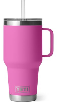 YETI Rambler 35 oz Tumbler with Handle and Straw Lid, Travel Mug Water Tumbler, Vacuum Insulated Cup with Handle, Stainless Steel, Wildflower Fuchsia