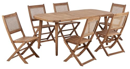Beliani Gartenmöbel Set 7-teilig Akazienholz Hellbraun 6-Sitzer Wiener-Geflecht Paraggi