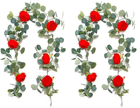 BESTORI Guirlandes de Lierre Artificiel Lot de 2 Vigne Faux à Suspendre Guirlande Pivoine pour Célébration Mariage Jardin Rouge