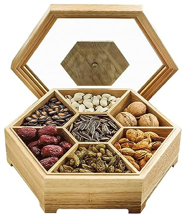 Plateau de Service PUFAHAU en Bois avec Couvercle Transparent, Compartiment Grande capacité pour Fruits secs, Plateau à Fruits adapté
