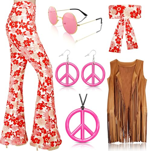 Aitsite 7 Stück 60er 70er Hippie Kostüm Damen Set mit Boho Schlaghosen Fransenweste Stirnband Damen Hippie Kostüme Zubehör, 70er Jahre Outfit Damen für Halloween Karneval Disco Outfit Cosplay