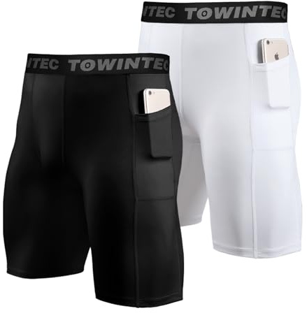 Towintec Kompressionsshorts för män med ficka sport löpning tights fickor underkläder atletisk träning spandex baslager kort för cyklist basket volleyboll träning, Svart+vitt, XL