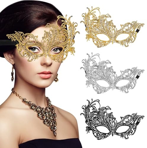 Ptwola 3 máscaras de encaje para mujer, máscaras venecianas de media cara para mujeres, hombres, adultos, disfraz de Halloween, carnaval, Mardi Gras, disfraces, baile, fiesta, cosplay, noche