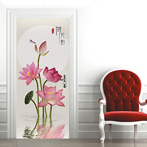 3D Türaufkleber Rote Blumen Türtapete Wandbild Selbstklebend PVC Wasserdicht Abnehmbar Türfolie TürPoster Fototapete Wohnzimmer Schlafzimmer küche bad büro Dekoration B90 x H200cm