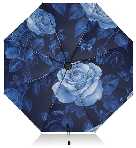 Royal Blue Unique Rose Reise-Regenschirm, faltbar, umgekehrt, Reiseschirm für Regen, Regen, große 8 Rippen, tragbarer UV-Regenschirm, automatisch, für Damen und Herren
