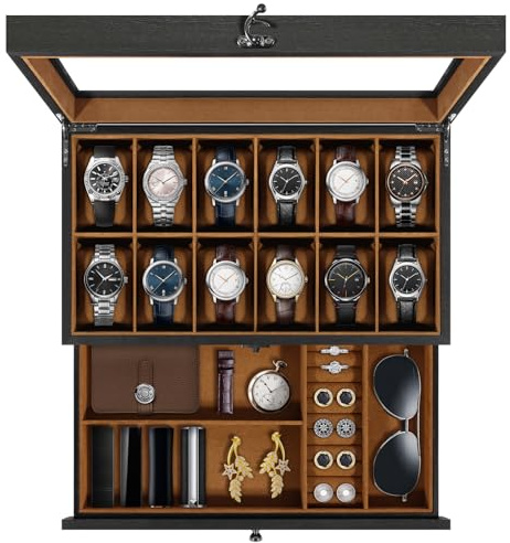 Uten Watch Box 12 Slots, 2-Tier Solid Wood Watch Case with Glass Lid, Metal Clasp, Watch Display Box for Men and Women, Removable Silk Cotton Pillow, Brown Lining, Jewelry Storage Box, Gift Idea