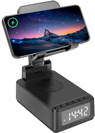 Carehabi 5 in 1 Bluetooth Lautsprecher mit Handyhalterung, Wireless Charger Handyhalter mit Wecker Digital, Geschenke für Männer Papa Mama Frauen, Geburtstagsgeschenk
