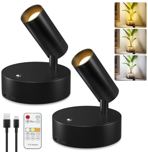 Kimjo Kabellose Spotlight LED Akku, Aufladbare Wandleuchte Schwarz, 2 Stück | USB Aufladbar Wandstrahler Innen Dimmbar, 2600mAh, 350° Drehbare Wandlampe mit Fernbedienung Akku für Wohnzimmer Schlafzimmer