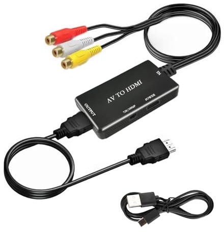 Adattatore RCA a HDMI, Convertitore da RCA a HDMI 1080P/720P AV Composito Video Audio per TV Moderni, Supporta Formati PAL/NTSC, Compatibile con Wii PS2 Xbox N64 DVD VHS VCR, Alimentazione USB Inclusa