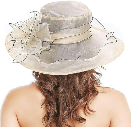 LJRPUPY Organza-Sonnenhüte für Damen, breiter Rand, Kirchenhut, Fascinator, Cocktail, Teeparty, Brautkleid, Hochzeitskleid, Netzstoff, Strohhut