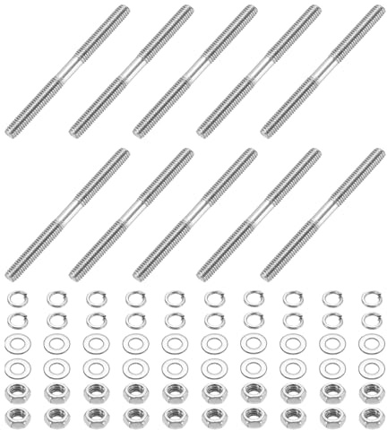 sourcing map 10pcs Double Ended Stud Screws, M4x50mm 304 Stainless Steel Dual Threaded Rod Bolts with Nuts and Flat & Lock Washers Double End Threaded Stud Screw Bolt for House Maintenance