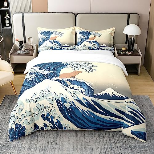 richhome Capybara Coton Parure de Lit pour Les Enfants Garçons Filles Japonais Ukiyoe Thème Kawaii Capybara Consolateur Jolie Capybara Housse de Couette 220x240cm Style Japonais Ensemble de literie