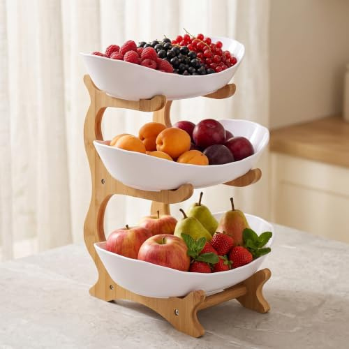 3-Tier White Bamboo Stand Plastic Fruit Bowl Set | lightweight plastic bowls with bamboo rack, countertop snack organiser, suitable for fruits, nuts, desserts and vegetables
