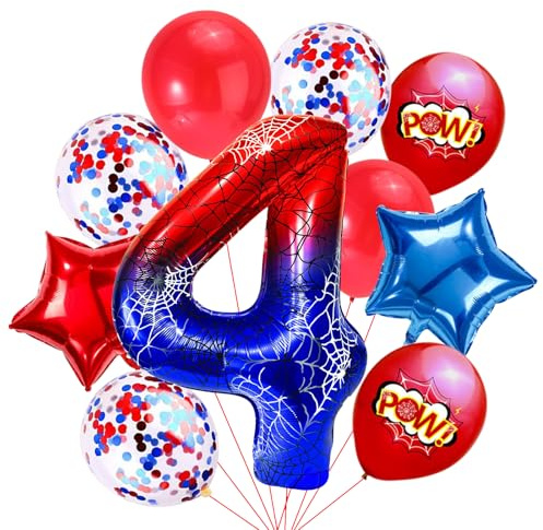 Ballon Decoration Anniversaire Araignée, 10 Pièces Spider Ballons en Aluminium, Étoiles Ronds Chiffres Ballons, Ballon Aluminium Rouge Bleu pour Enfants Décorations de Fête à Thème (4 Ans)
