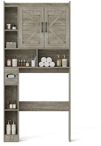 BonVache Over Toilet Storage Unit with Double door, Bathroom Storage Cabinet with 7 Storage Compartments and Tissue Compartment, Adjustable Shelf, for Bathroom and laundry room, Grey