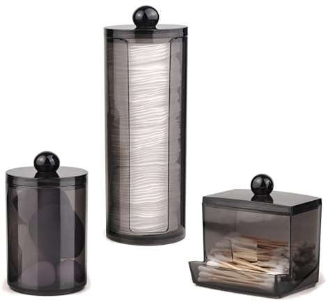 JINTANG 3 Pcs wattestäbchen behälter,wattepads spender mit Bambusdeckel,wattepads behälter,Transparent Kosmetik schminktisch zubehör,Für Badezimmer-Make-up-Tupfer Aufbewahrung(schwarz)